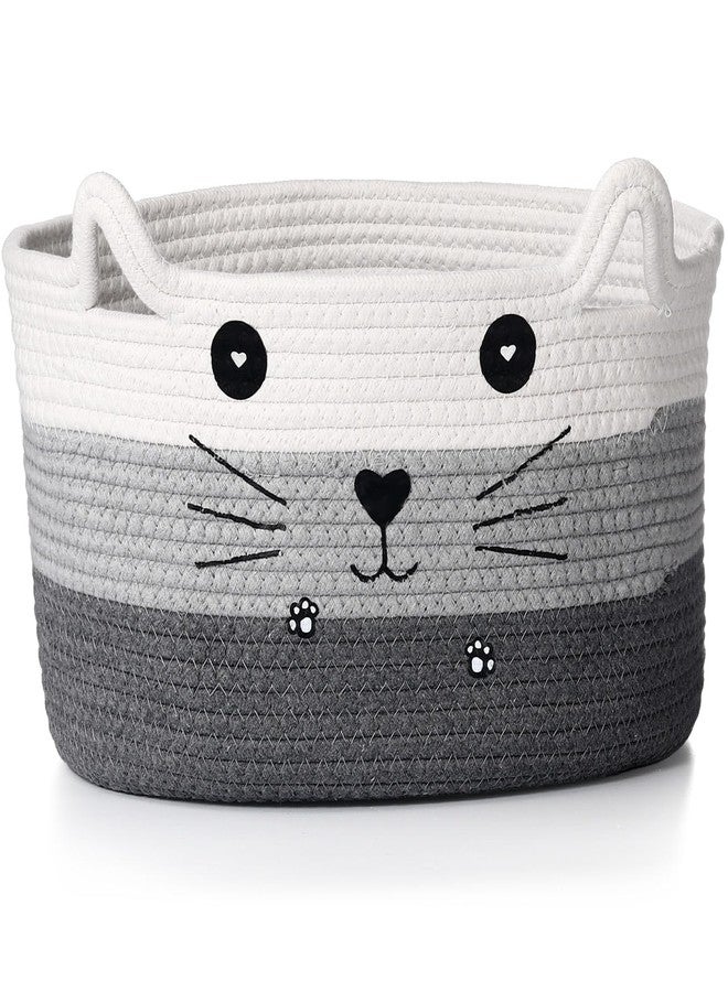 Zopeal Cat Basket Storage Woven Organizer with Ears Christmas Decorative Pet Toy Cute Cotton Rope Basket for Gift Cat Dog Toy Bin Nursery Room(13.7 x 7.8 Inch,White, Light Gray, Dark Gray) - Image 1